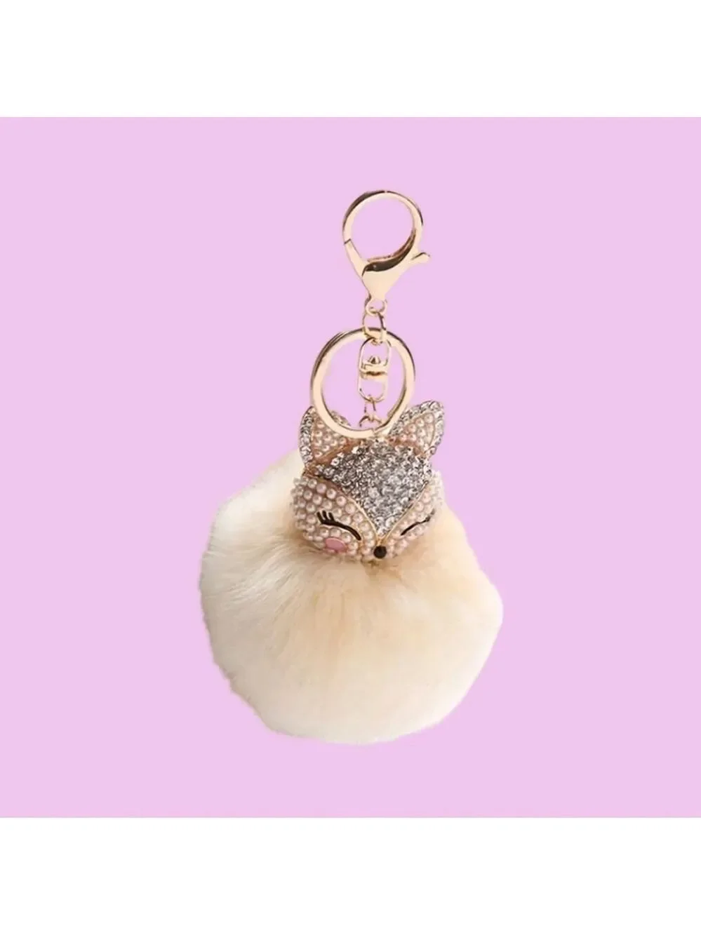 NEW Fluffy Fox Bag Charm Keychain - Cream - Pearl & Rhinestone Pom Accessory NWT